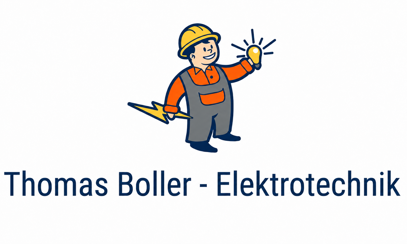 Logo Thomas Boller Elektrotechnik mit blaugrauer Latzhose, orangefarbenem Hemd und orangefarbener Bauchtasche